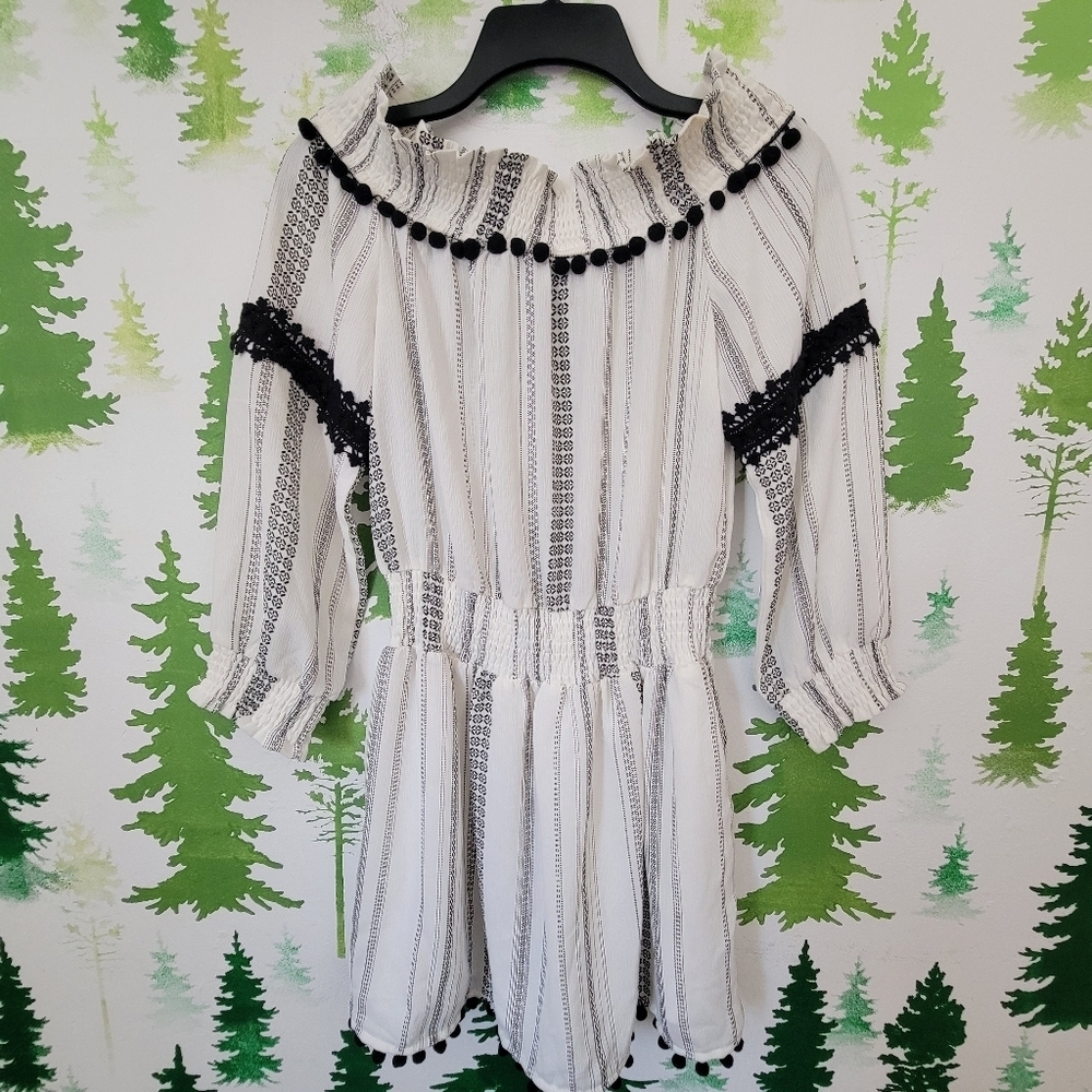 Line & Dot Off the Shoulder Pom Pom Mini Dress.